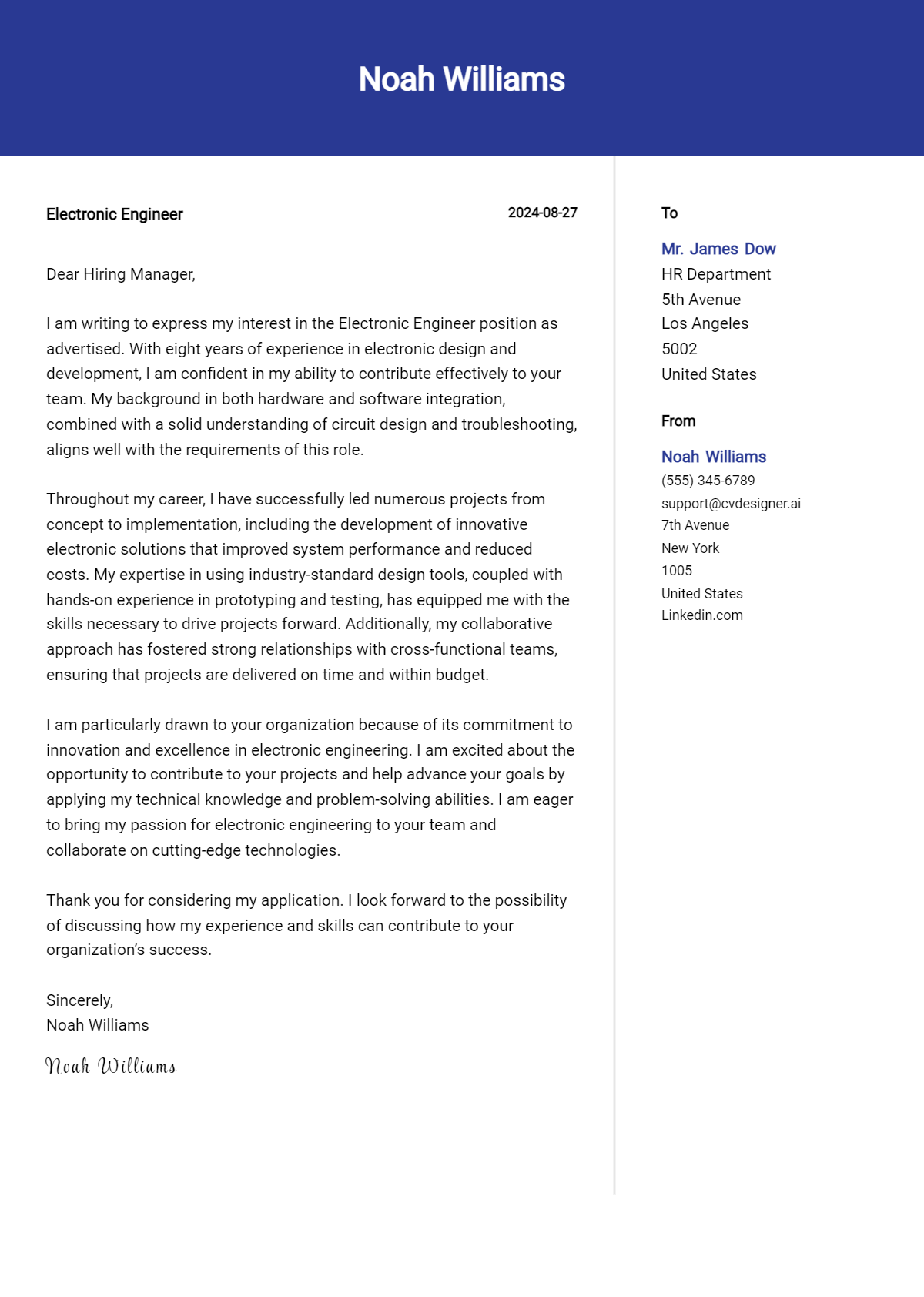 electronic engineer cover letter example