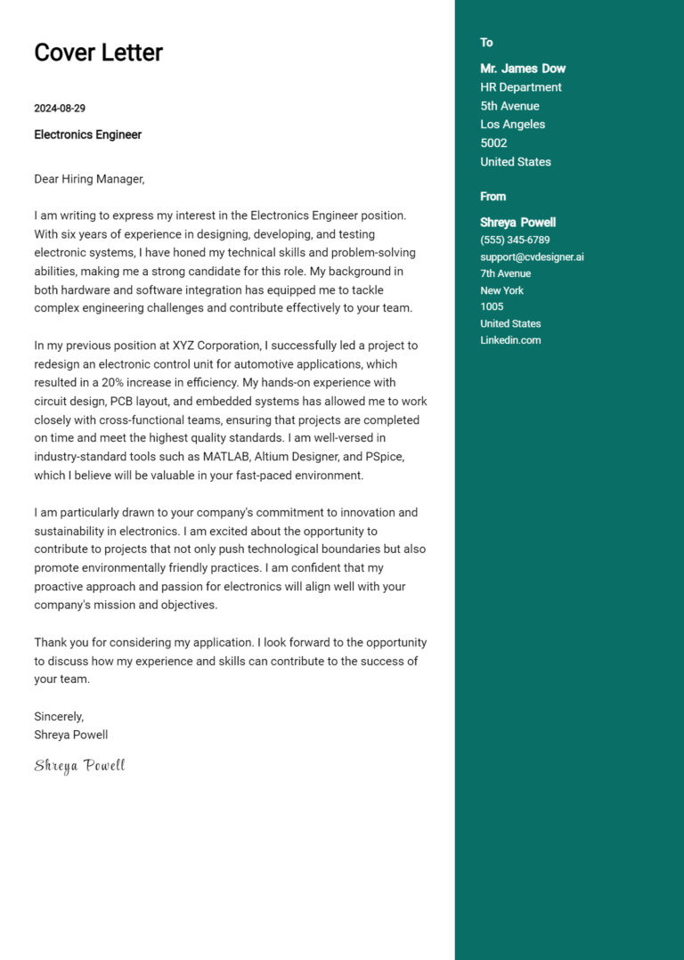 Electronics Engineer Cover Letter Example for 2025 (Complete Writing Guide)