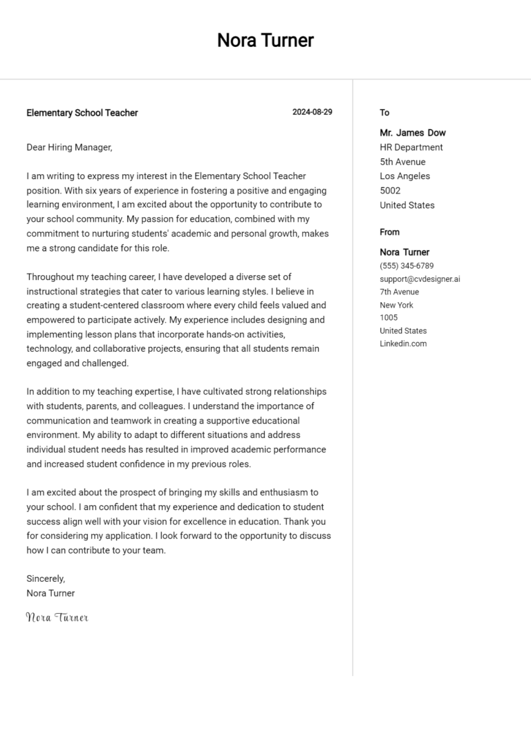 Elementary School Teacher Cover Letter Example for 2025: Tips & Templates 1 Elementary School Teacher Cover Letter Example for 2025: Tips & Templates