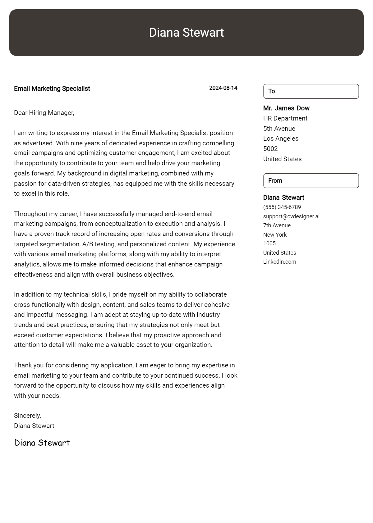 email marketing specialist cover letter example