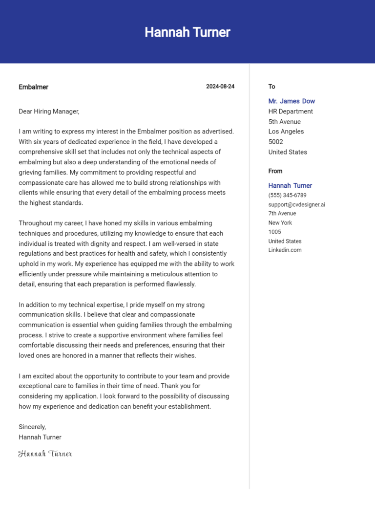Embalmer Cover Letter Example for 2025: Expert Tips & Templates