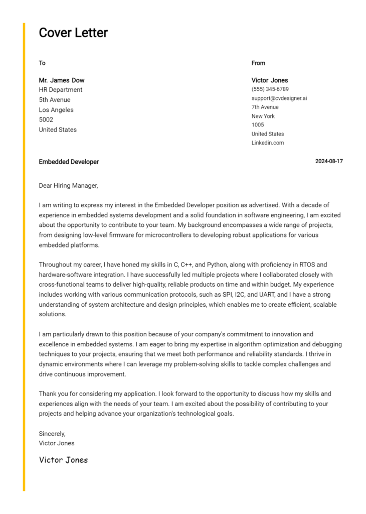embedded developer cover letter example