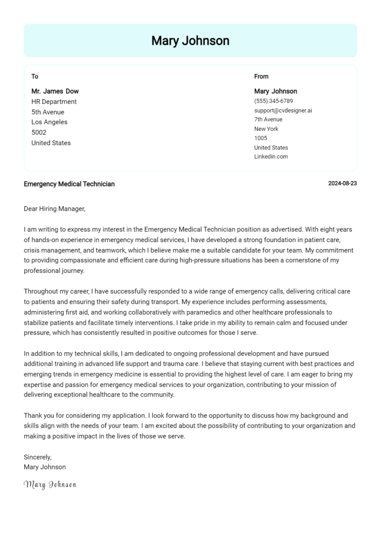 Emergency Medical Technician Cover Letter Example for 2025: Tips & Templates