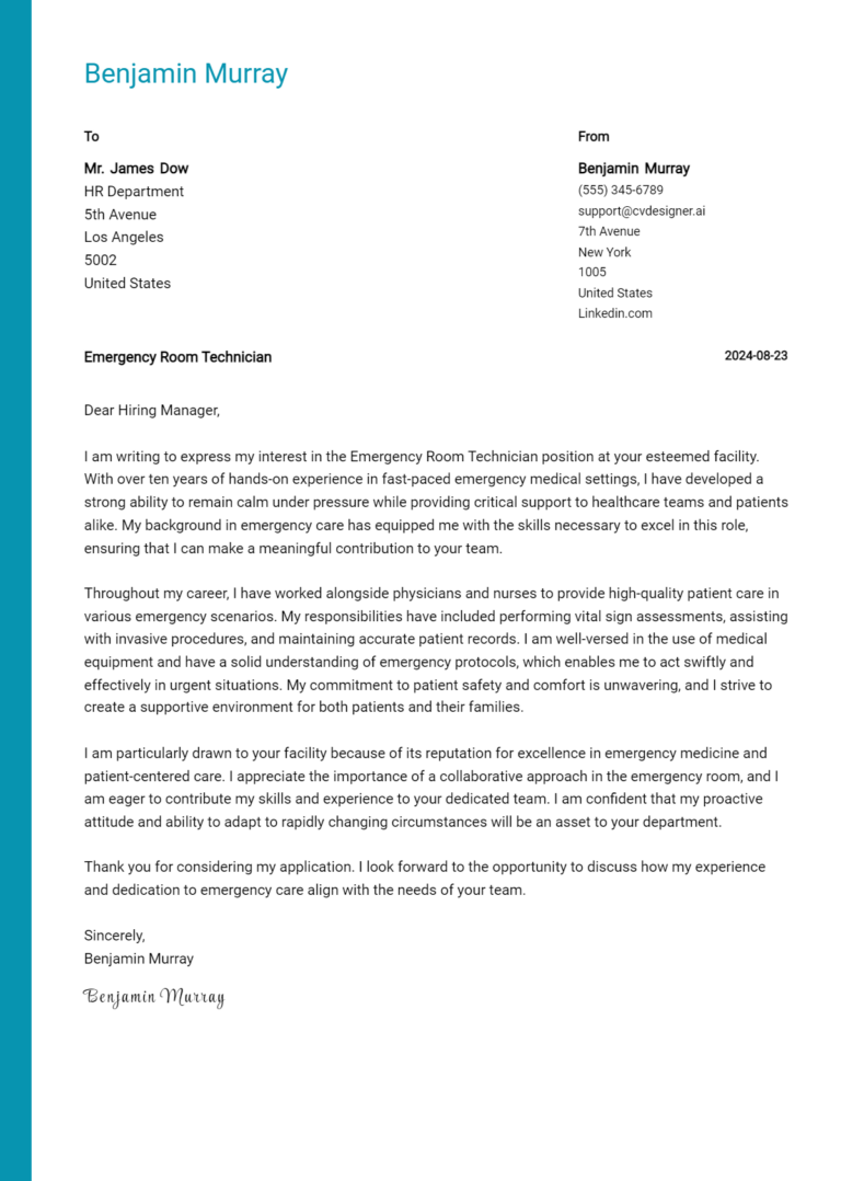 Emergency Room Technician Cover Letter Example for 2025: Expert Tips & Templates