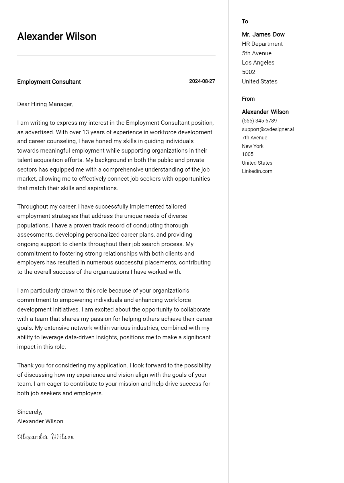 employment consultant cover letter example