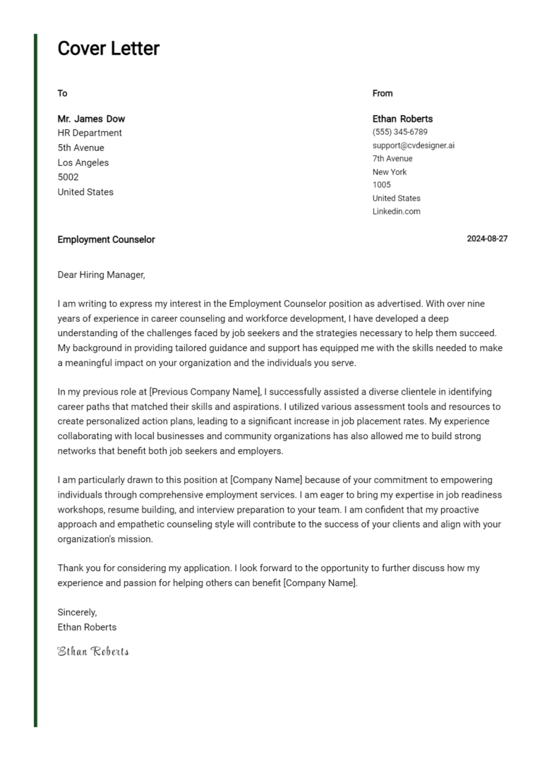 Employment Counselor Cover Letter Example for 2025: Expert Tips & Templates