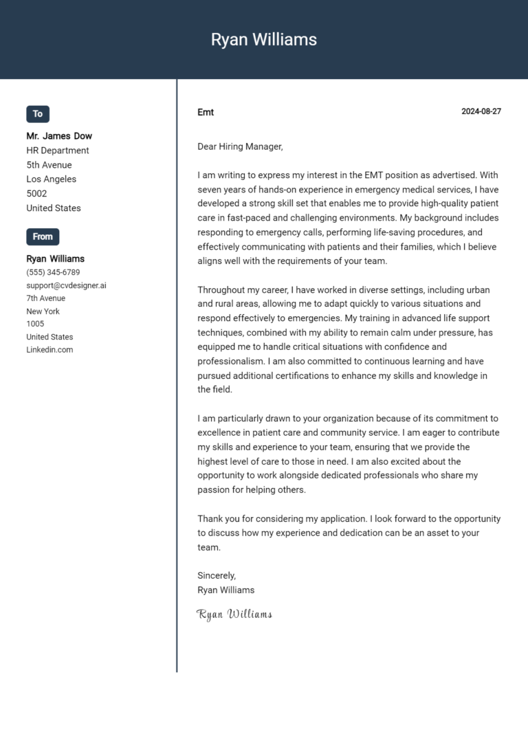 EMT Cover Letter Example for 2025 (Writing Guide) 1 EMT Cover Letter Example for 2025 (Writing Guide)