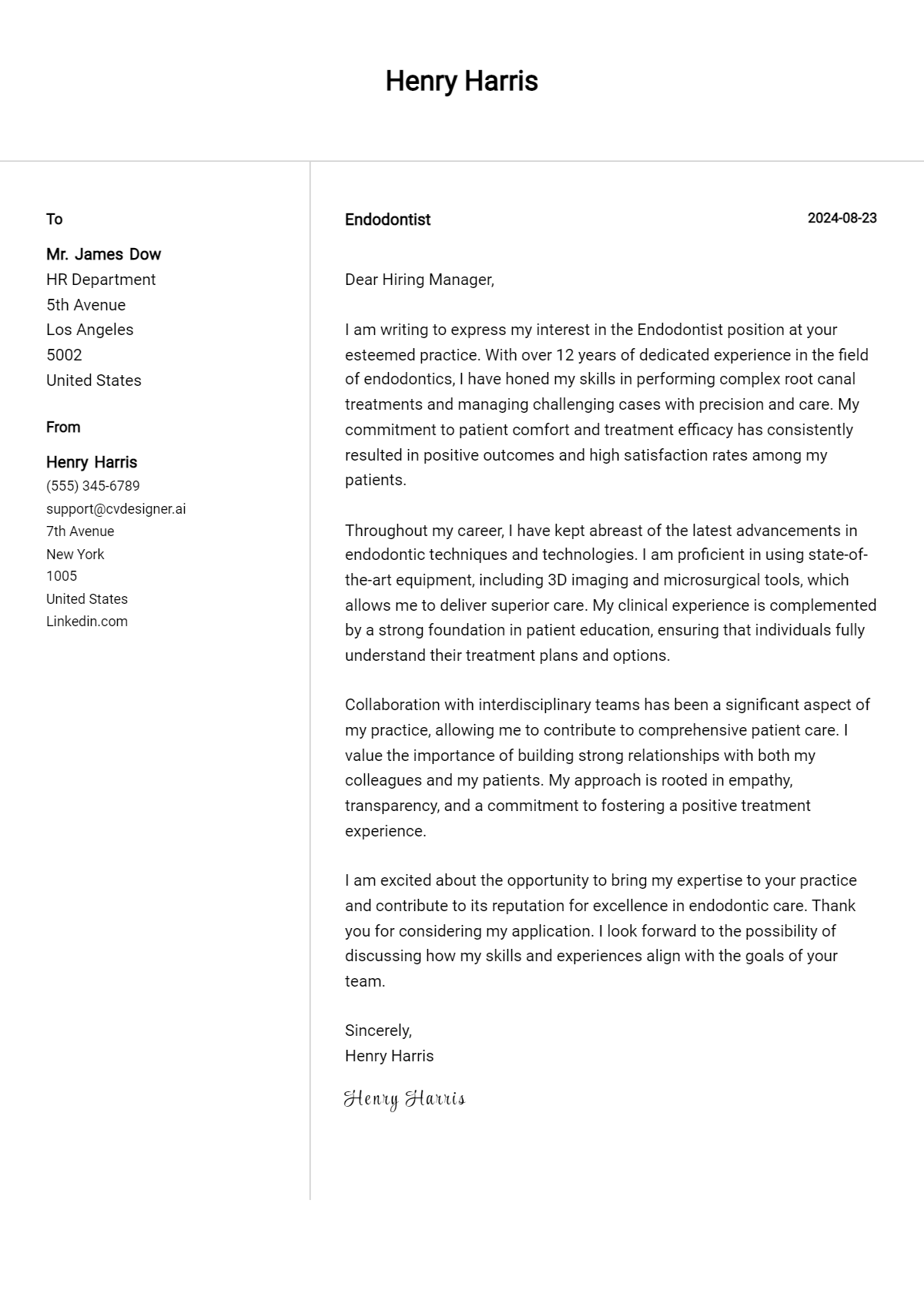 endodontist cover letter example