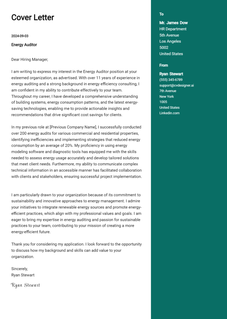 Energy Auditor Cover Letter Example for 2025 (Download Templates)