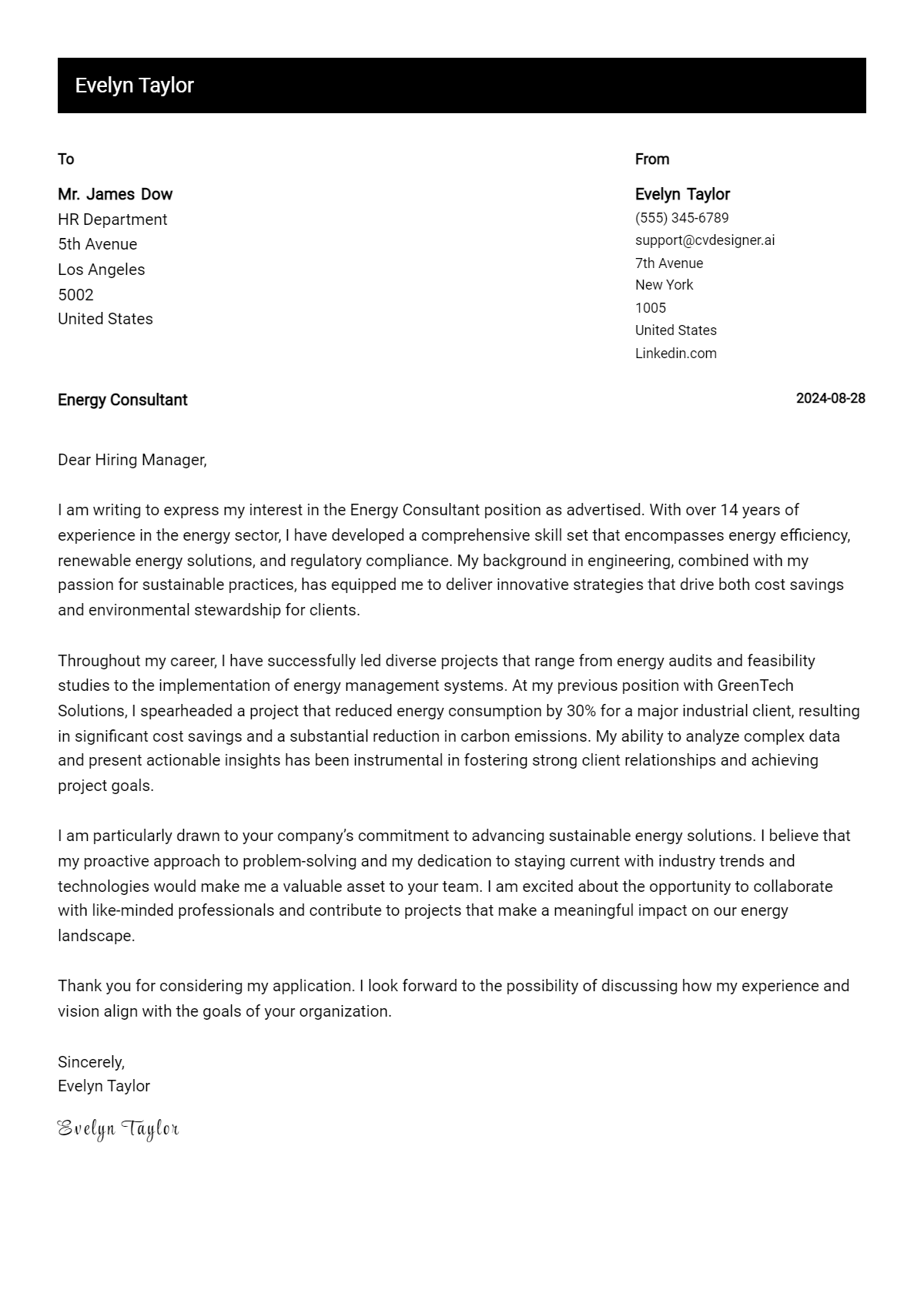 energy consultant cover letter example