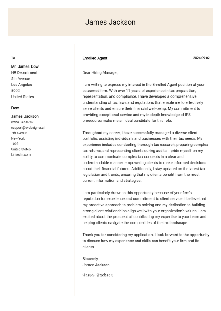 Enrolled Agent Cover Letter Example for 2025 (Writing Guide)