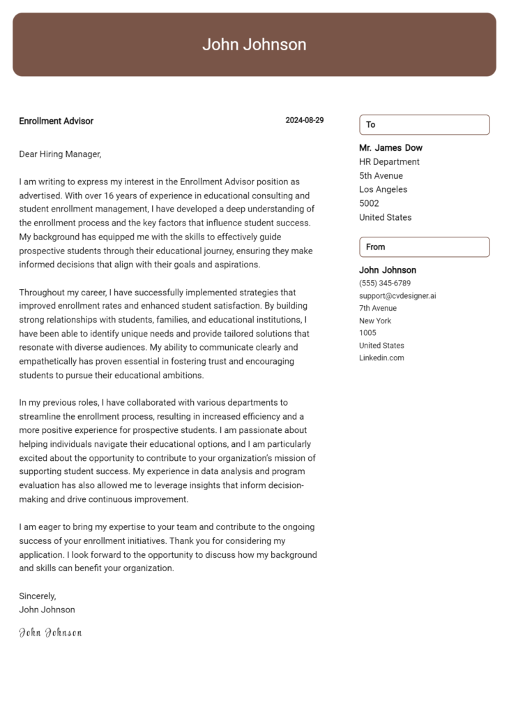 enrollment advisor cover letter example