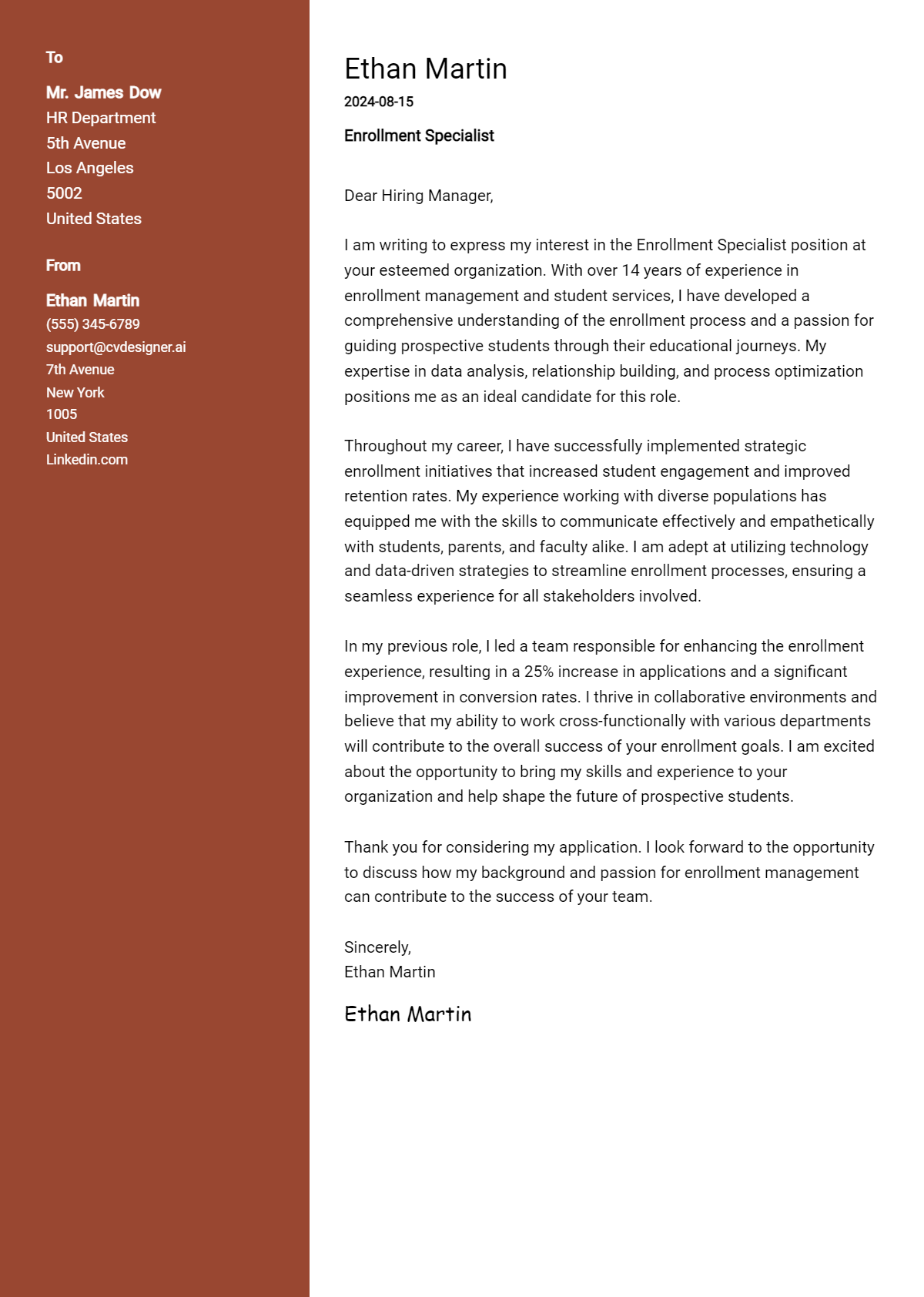 enrollment specialist cover letter example