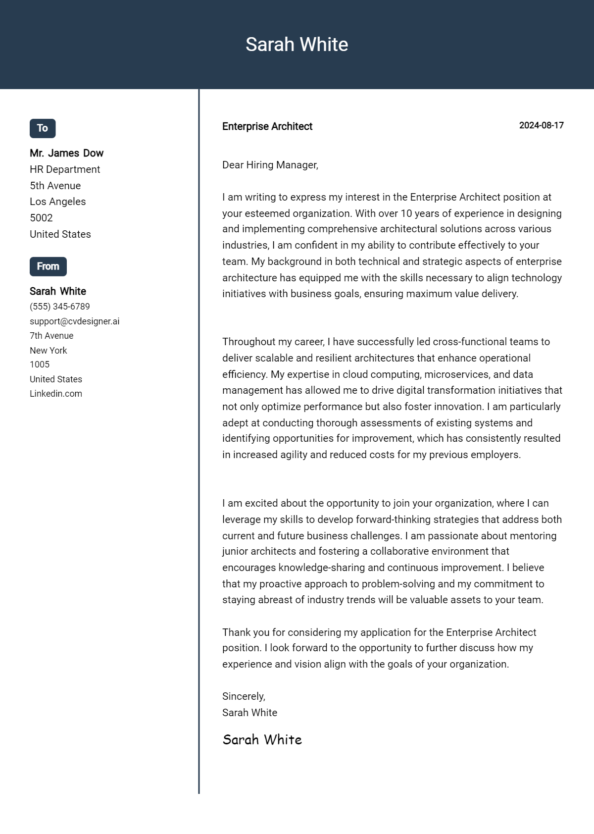 enterprise architect cover letter example