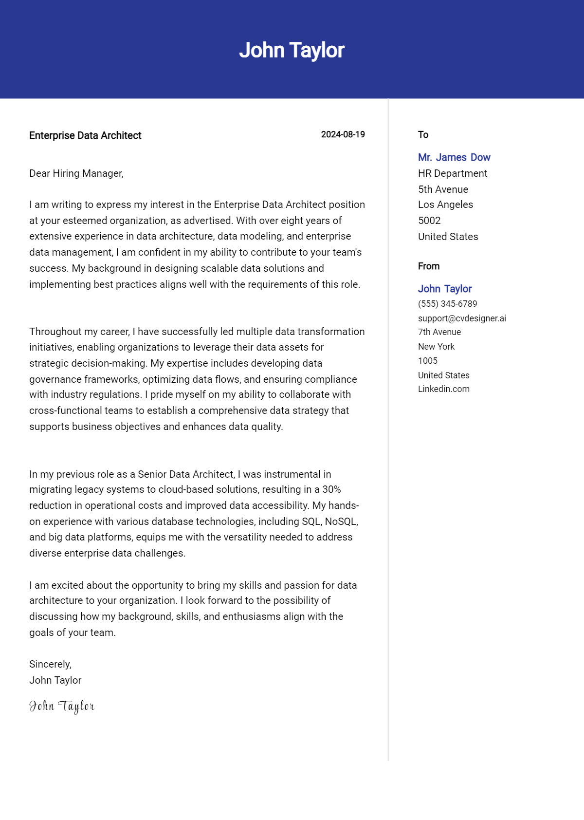 enterprise data architect cover letter example