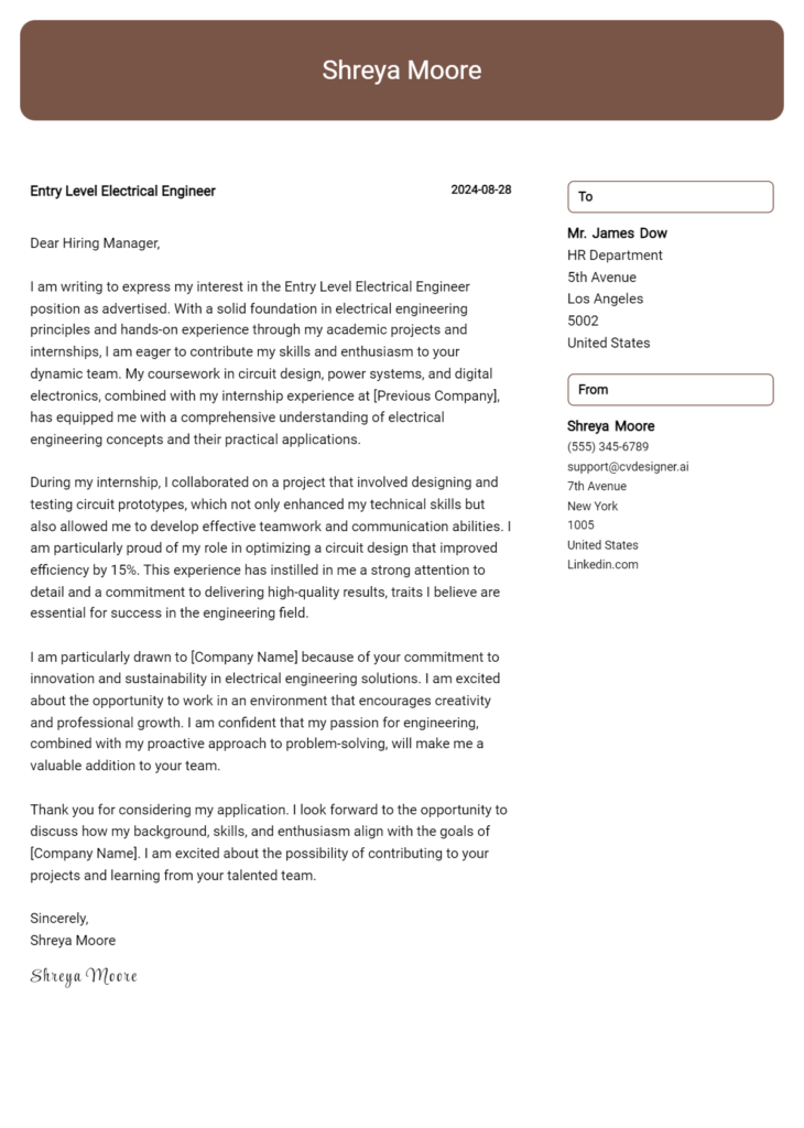 entry level electrical engineer cover letter example