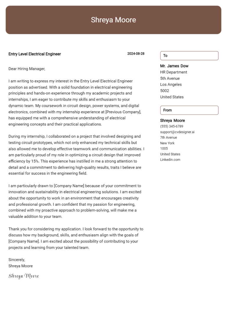 Entry Level Electrical Engineer Cover Letter Example for 2025 (Writing Guide)