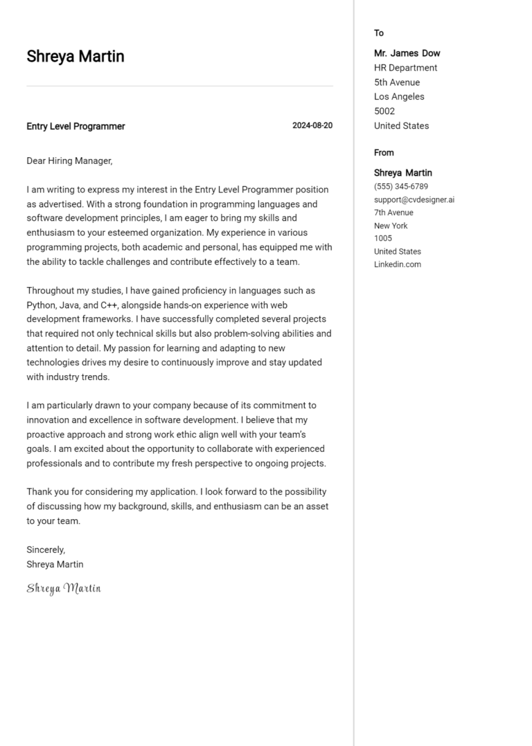 Entry Level Programmer Cover Letter Examples & Samples for 2025