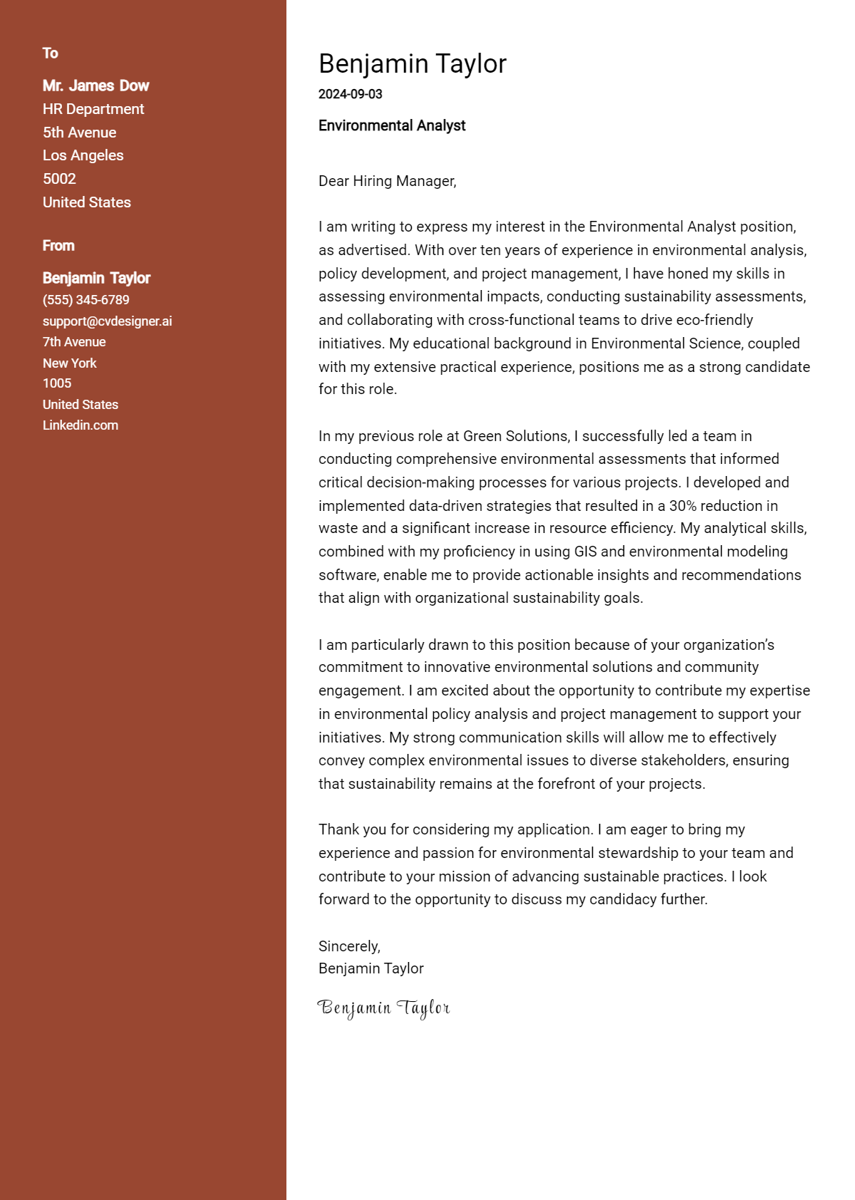 environmental analyst cover letter example