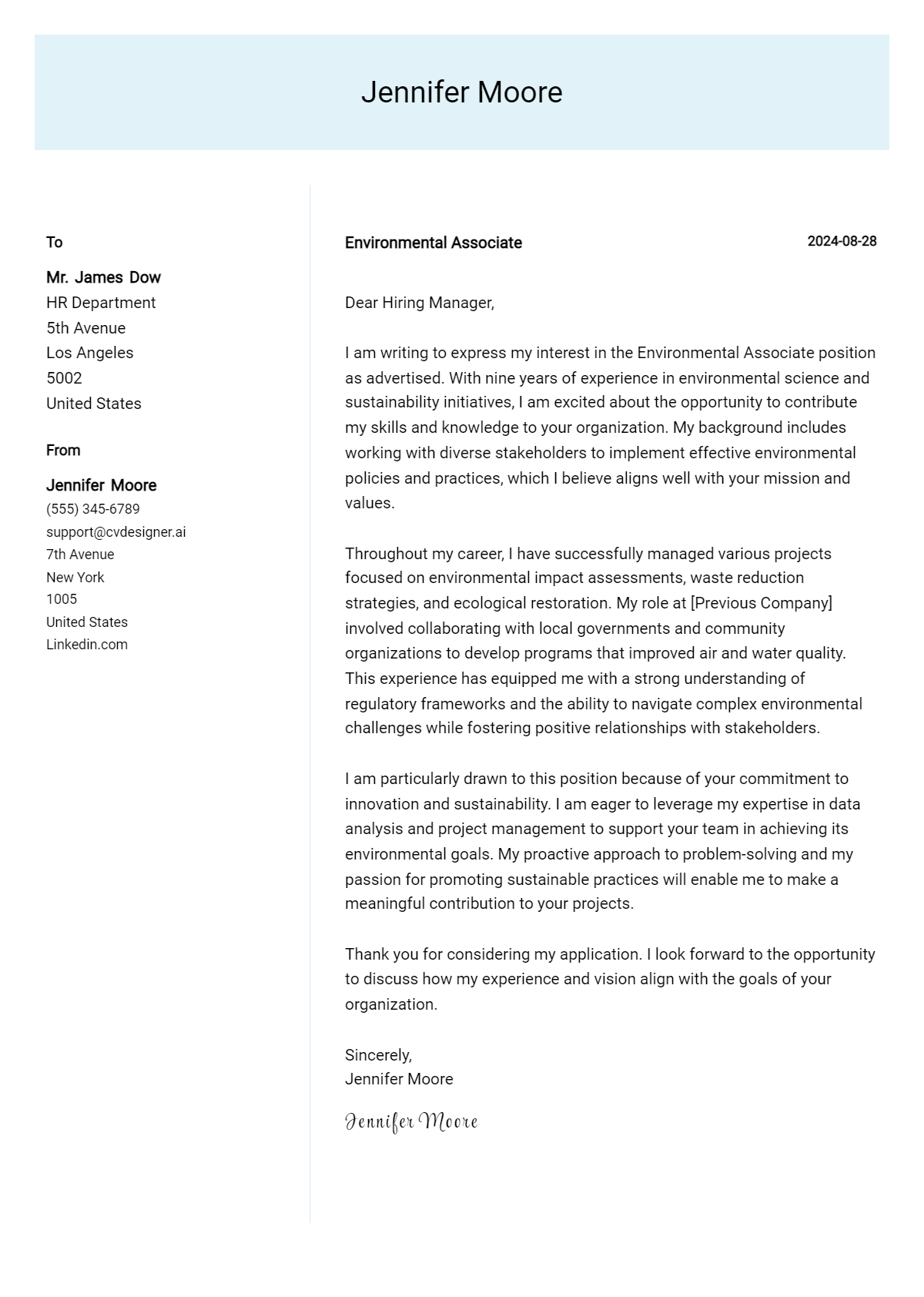 environmental associate cover letter example