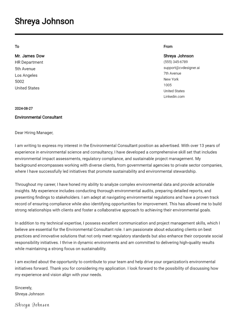 Environmental Consultant Cover Letter Examples for 2025 (Downloadable)