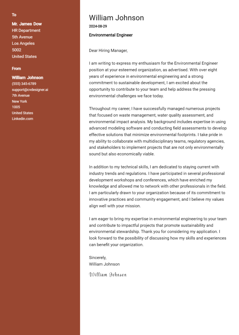 22 Environmental Engineer Cover Letter Examples for 2025 (Complete Writing Guide)