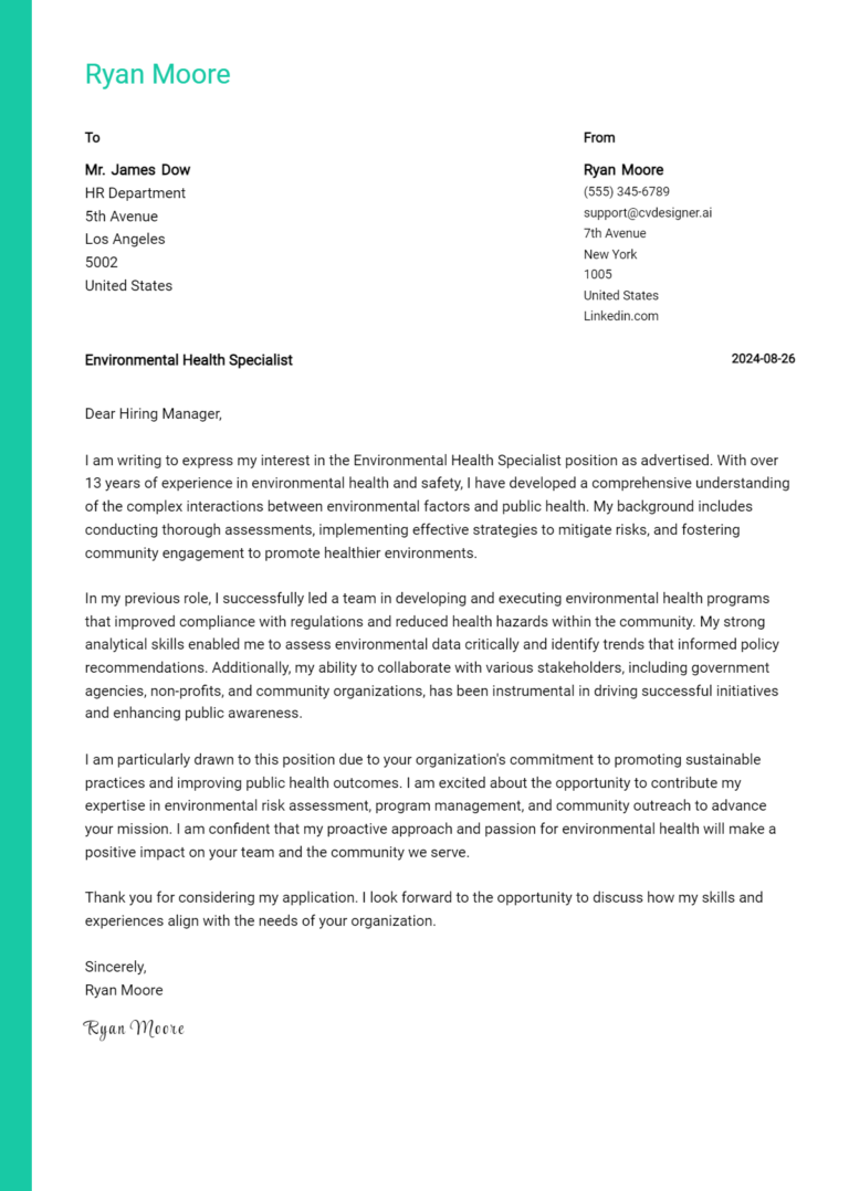 Environmental Health Specialist Cover Letter Example for 2025: Free Templates