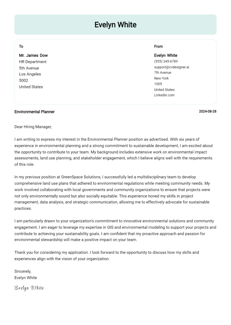Environmental Planner Cover Letter Example for 2025: Ultimate Guide