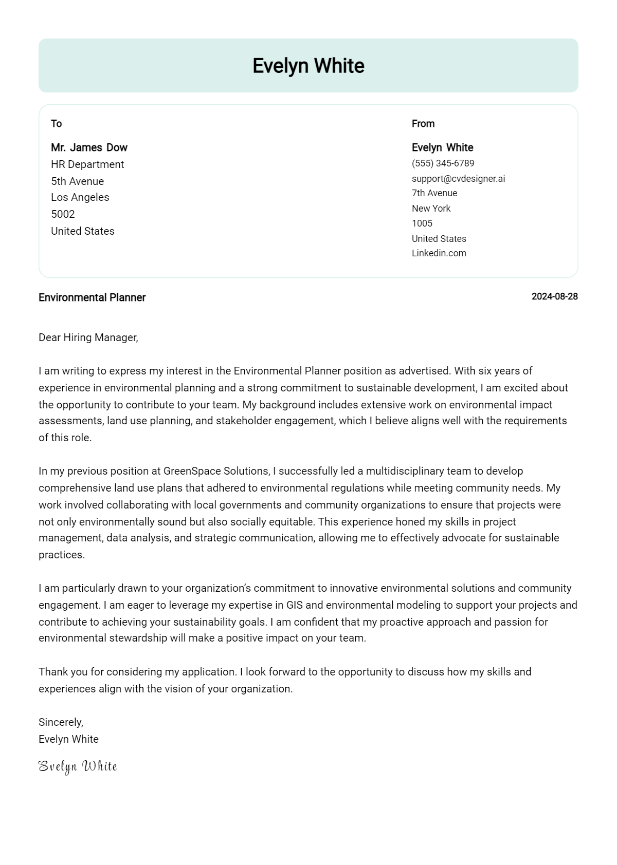 environmental planner cover letter example