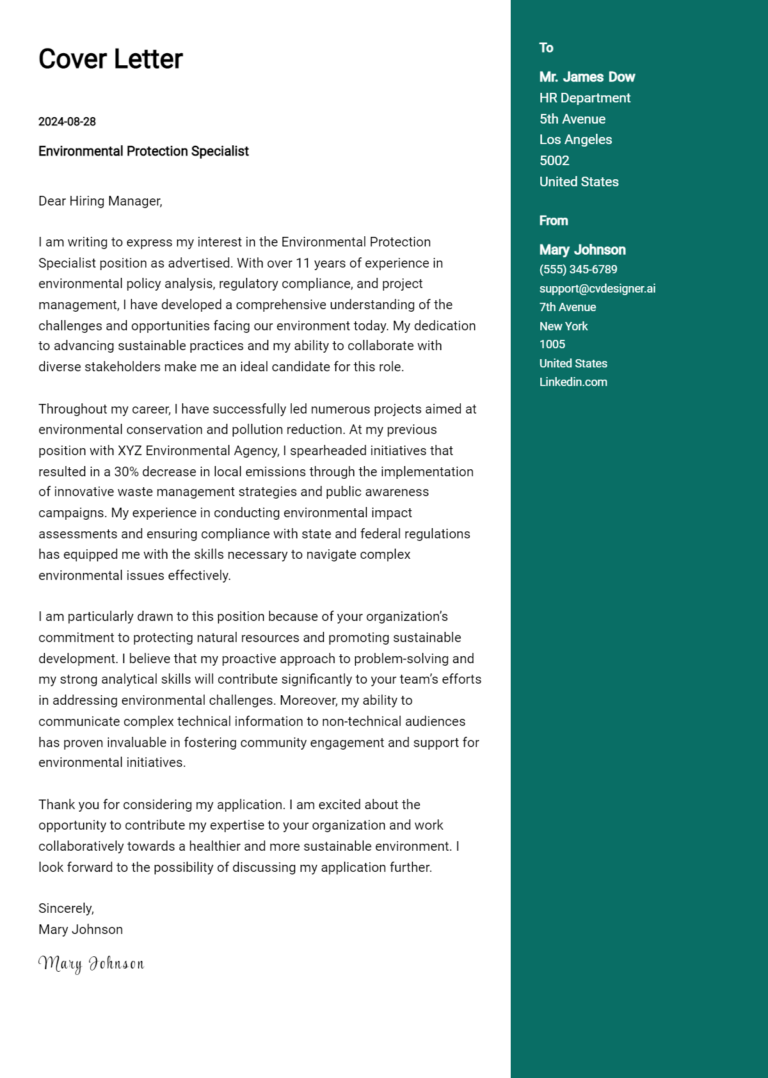 Environmental Protection Specialist Cover Letter Examples with Writing Tips for 2025