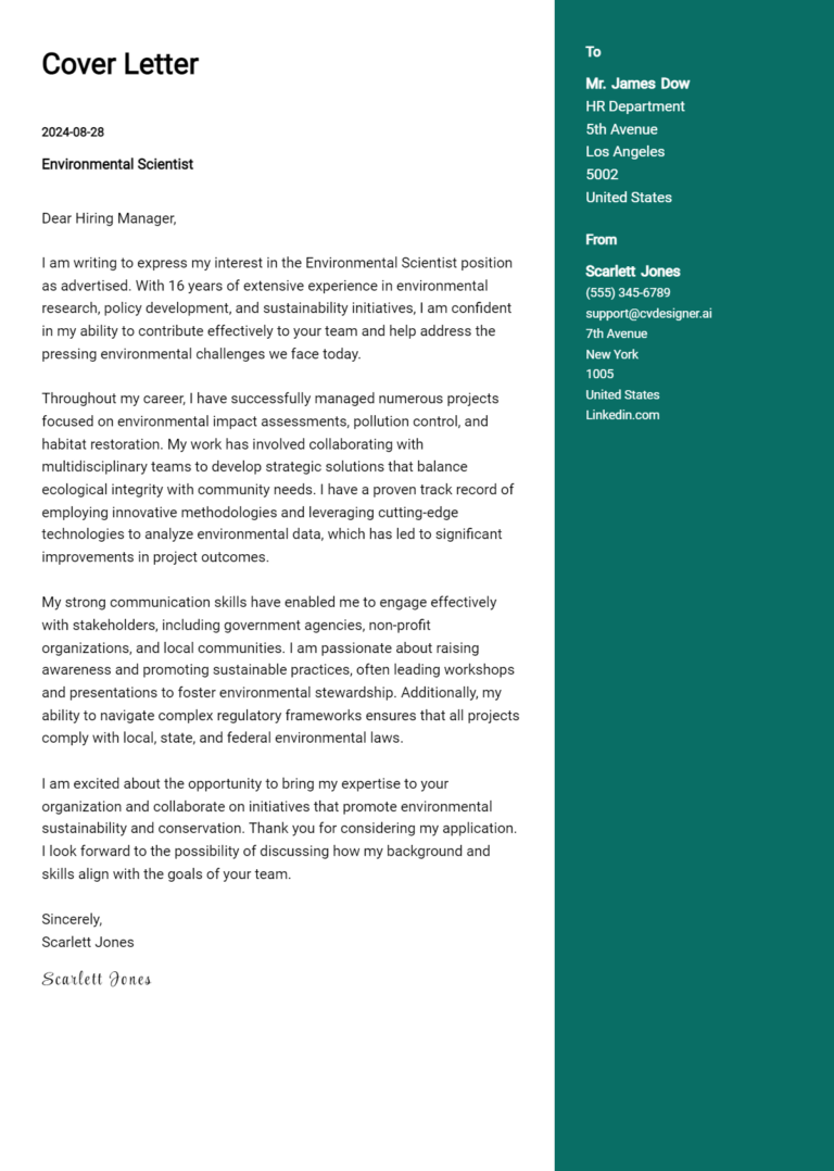 Environmental Scientist Cover Letter Example for 2025: Expert Tips & Templates 1 Environmental Scientist Cover Letter Example for 2025: Expert Tips & Templates