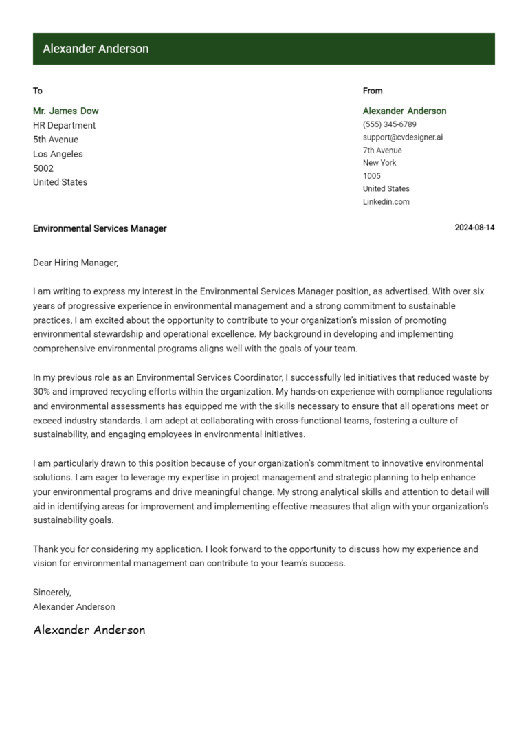 Environmental Services Manager Cover Letter Examples with Writing Tips for 2025