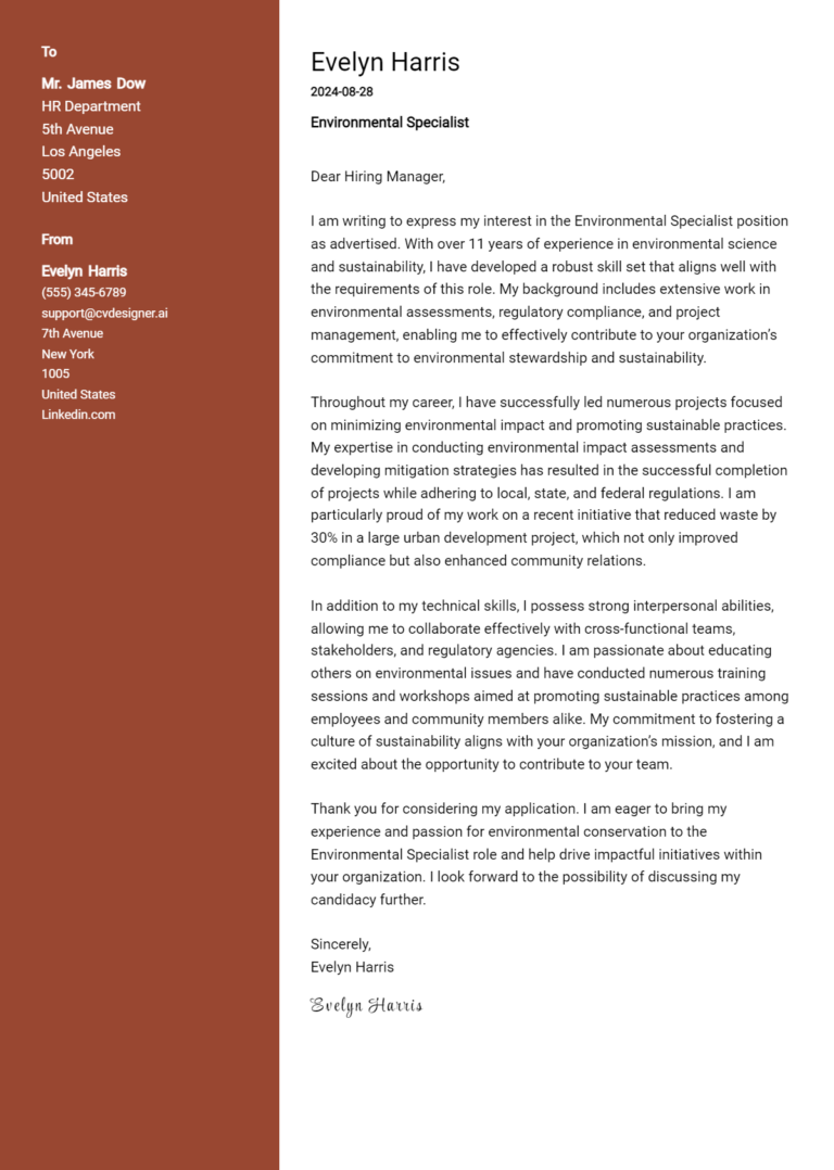 Environmental Specialist Cover Letter Example for 2025: Ultimate Guide