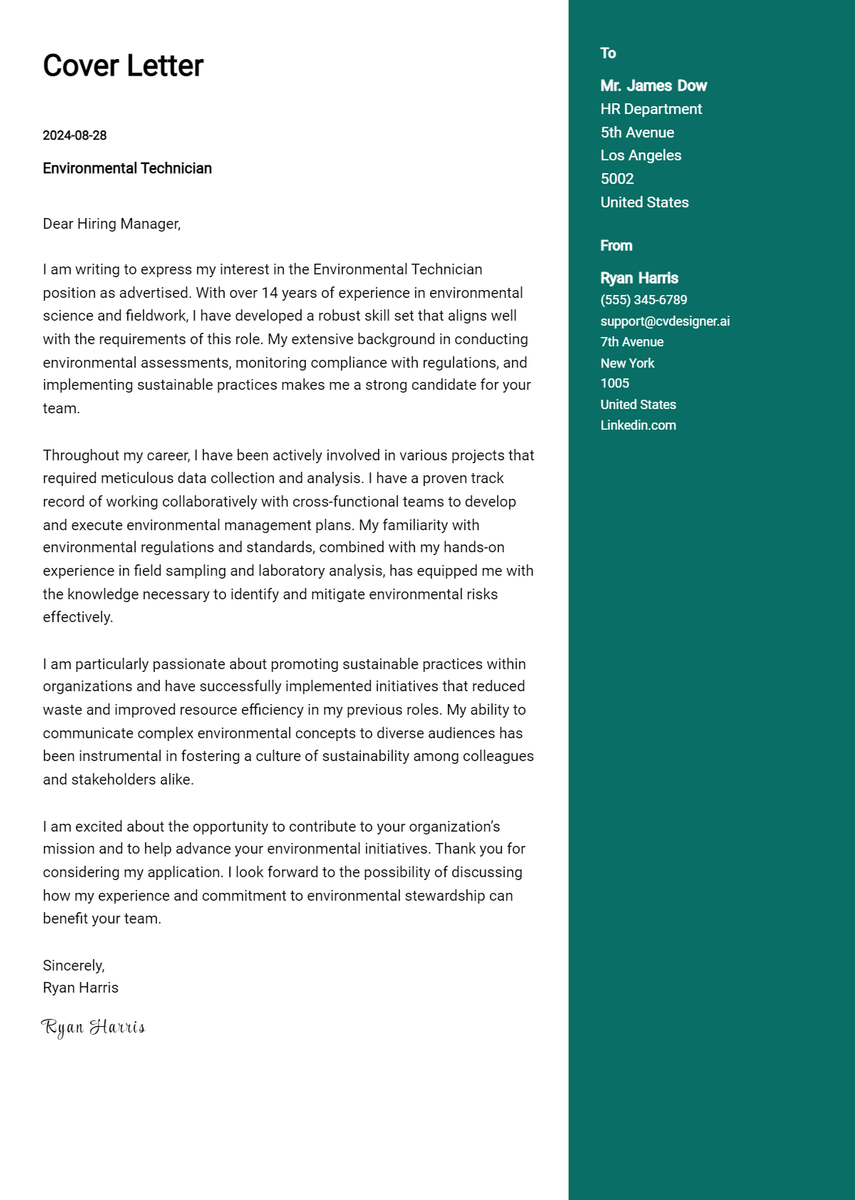 environmental technician cover letter example