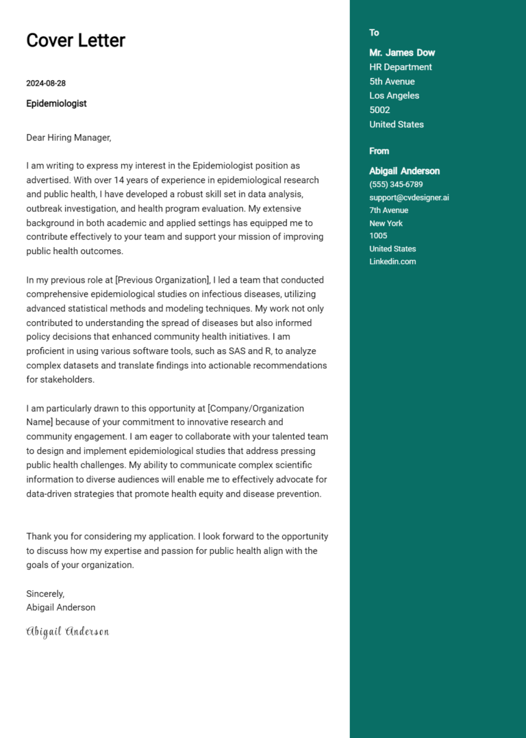 Epidemiologist Cover Letter Example for 2025: Tips & Templates