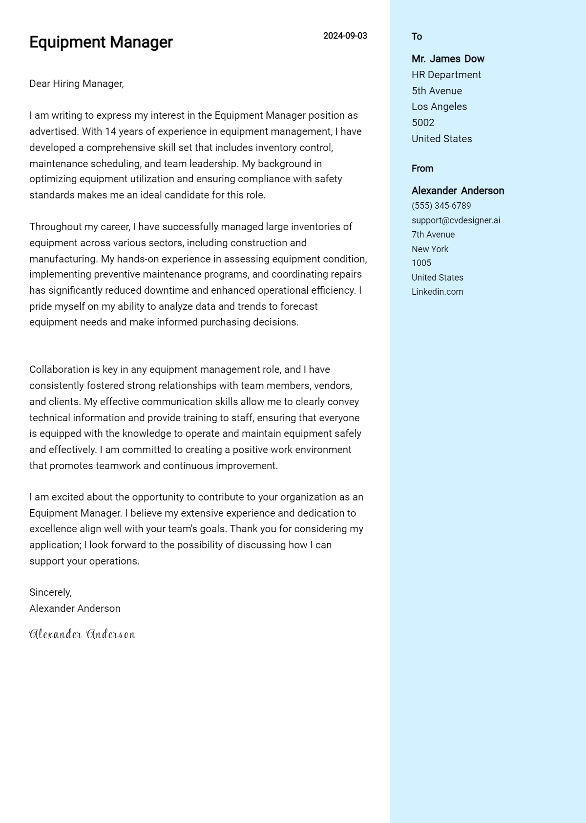 equipment manager cover letter example