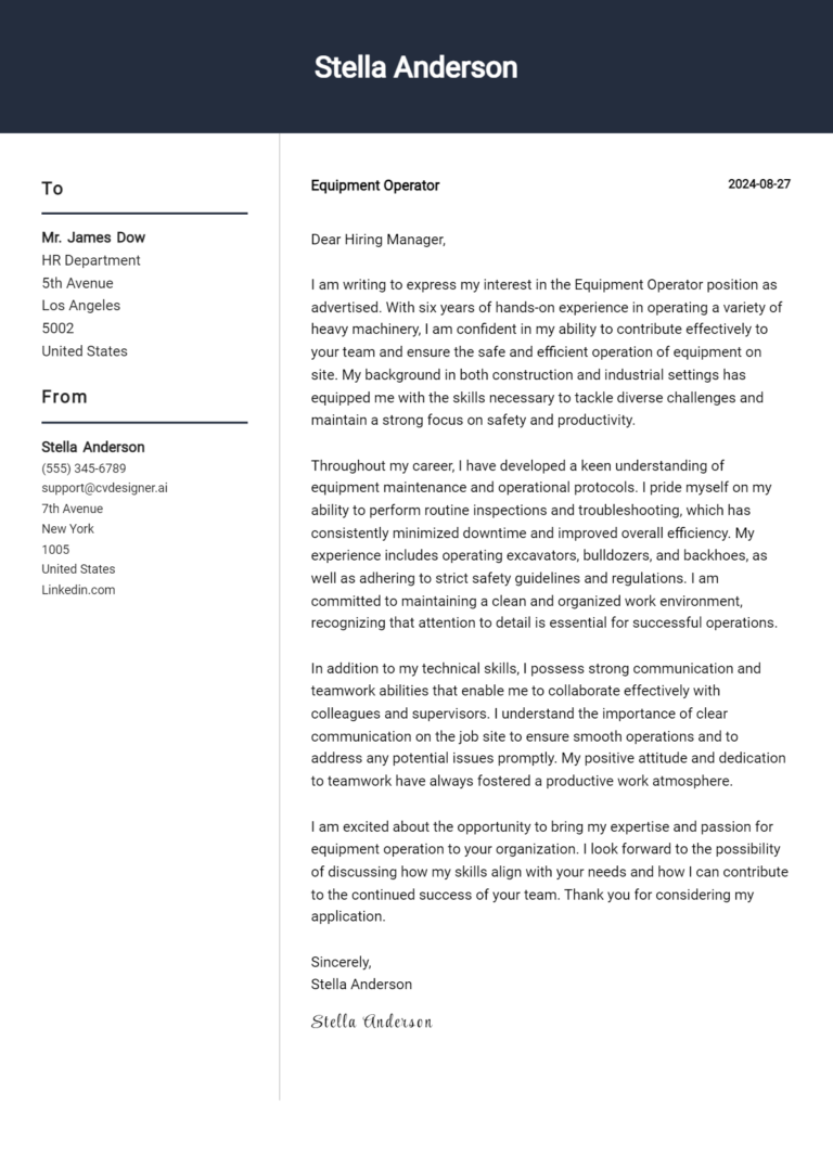 Equipment Operator Cover Letter Example for 2025: Ultimate Guide 1 Equipment Operator Cover Letter Example for 2025: Ultimate Guide