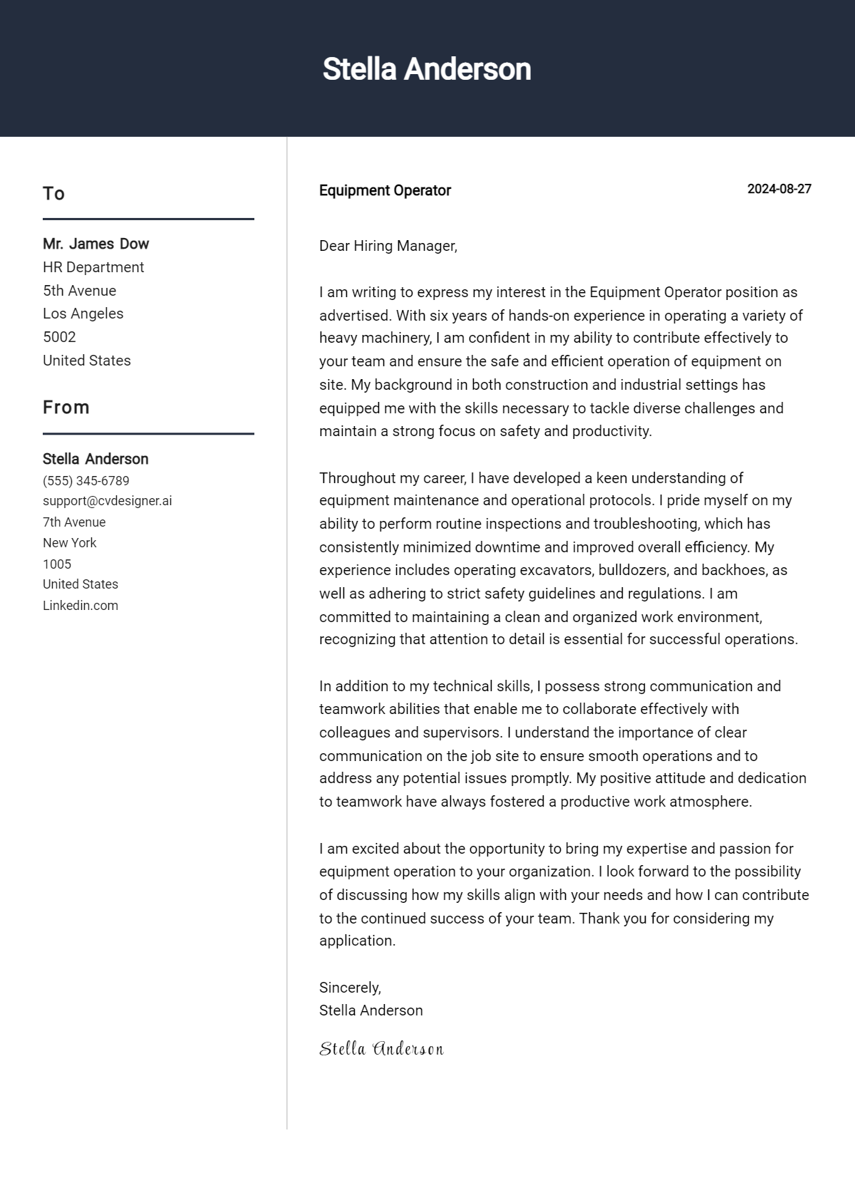 equipment operator cover letter example