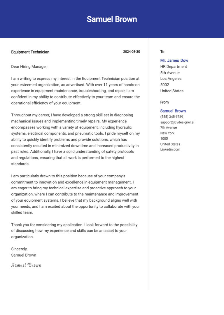Equipment Technician Cover Letter Example for 2025: Proven Tips
