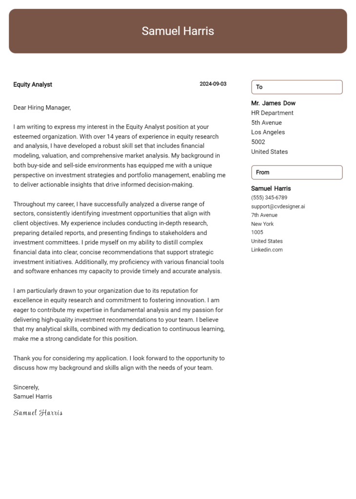 equity analyst cover letter example