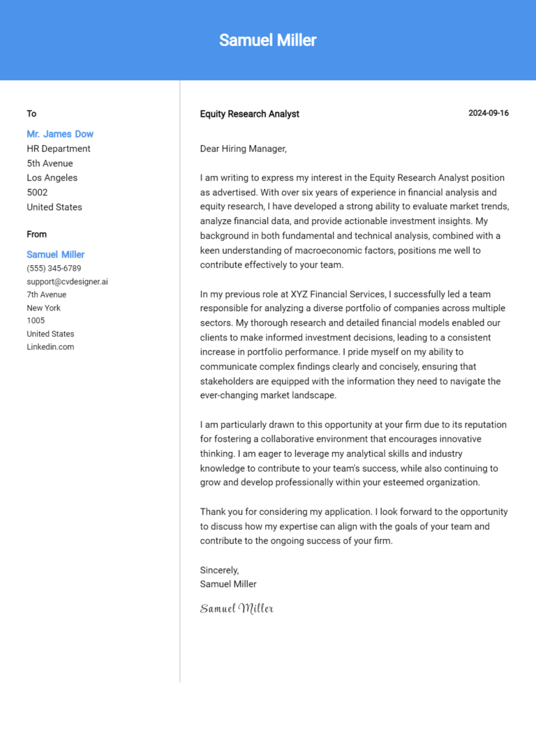 Equity Research Analyst Cover Letter Examples & Samples for 2025 1 Equity Research Analyst Cover Letter Examples & Samples for 2025