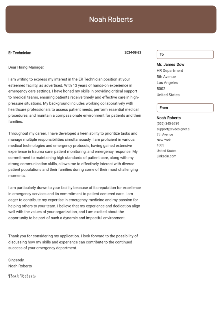 ER Technician Cover Letter Example for 2025: Tips & Templates