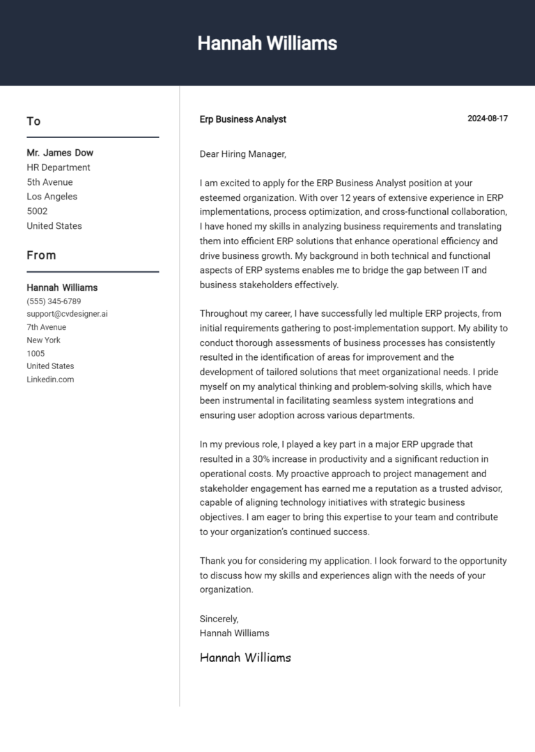 ERP Business Analyst Cover Letter Example for 2025 (Free Templates)