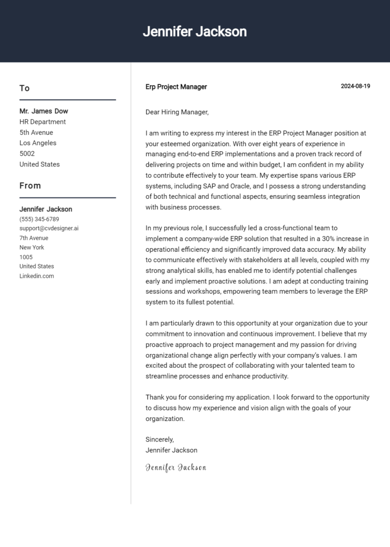 ERP Project Manager Cover Letter Example for 2025: Expert Tips & Templates