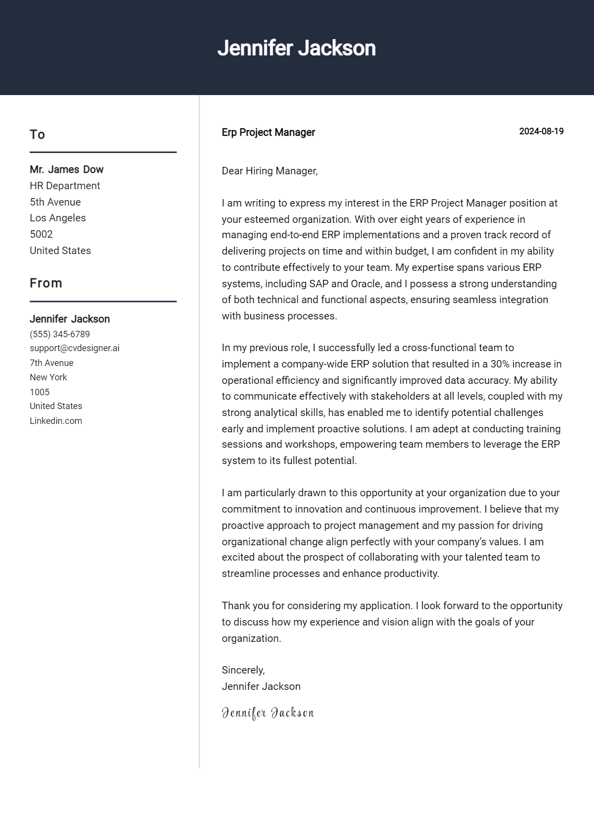 erp project manager cover letter example