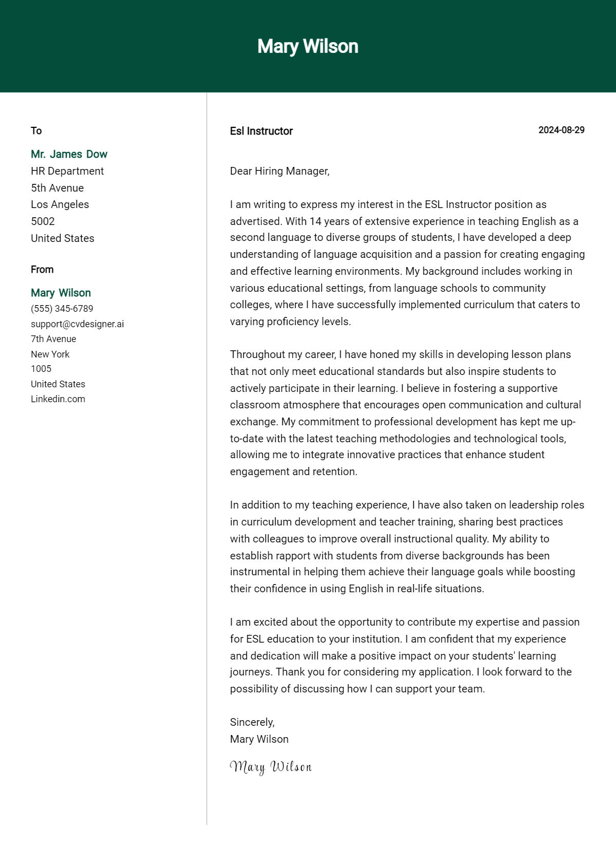 esl instructor cover letter example