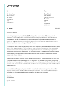 ESL Teacher Cover Letter Example For 2024 Ultimate Guide CVDesigner Ai Esl Teacher Cover Letter Example 214x300