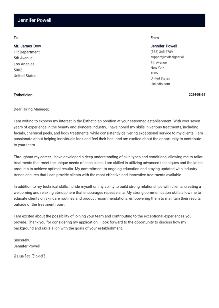 Esthetician Cover Letter Example for 2025 (Complete Writing Guide) 1 Esthetician Cover Letter Example for 2025 (Complete Writing Guide)