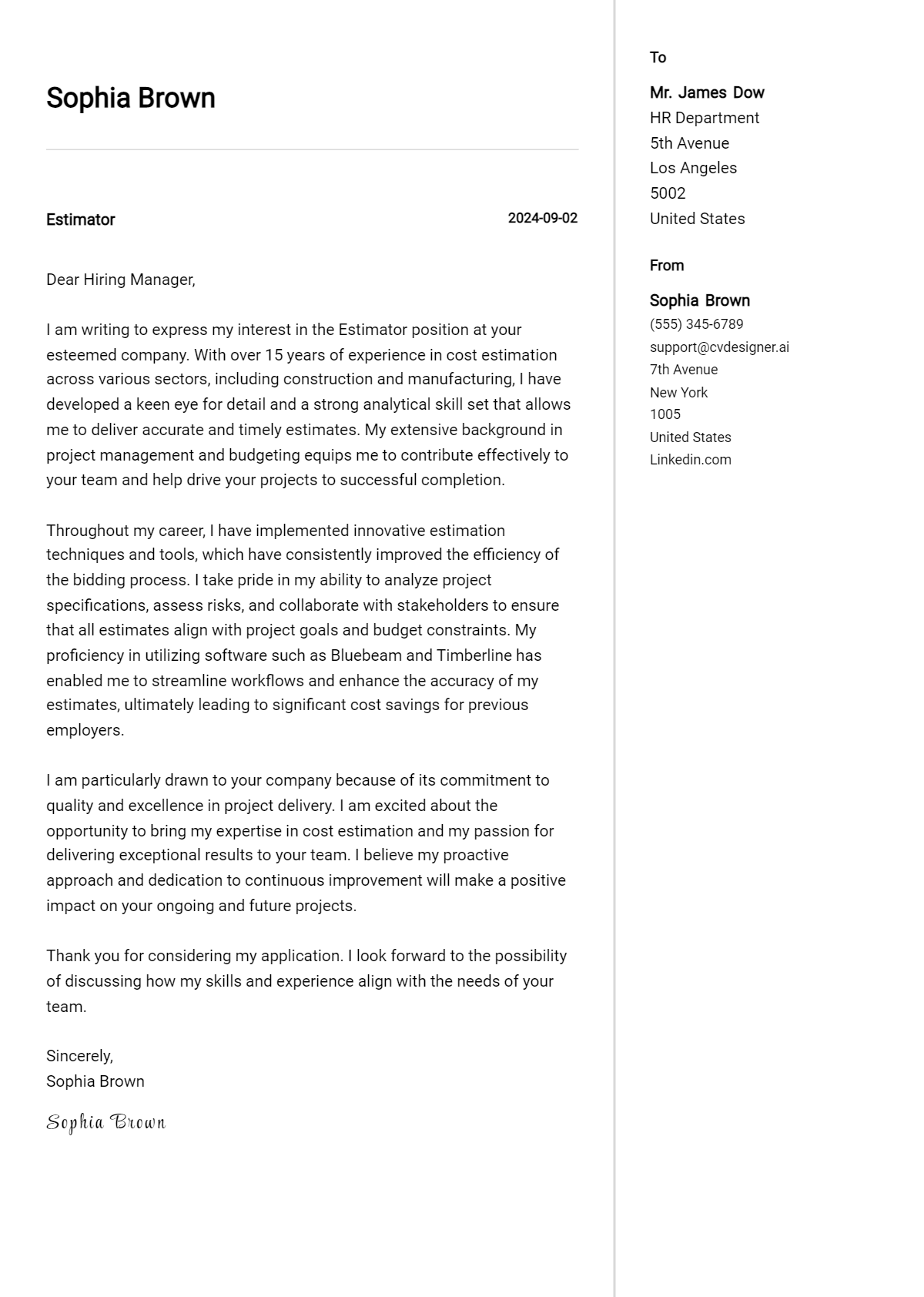 estimator cover letter example