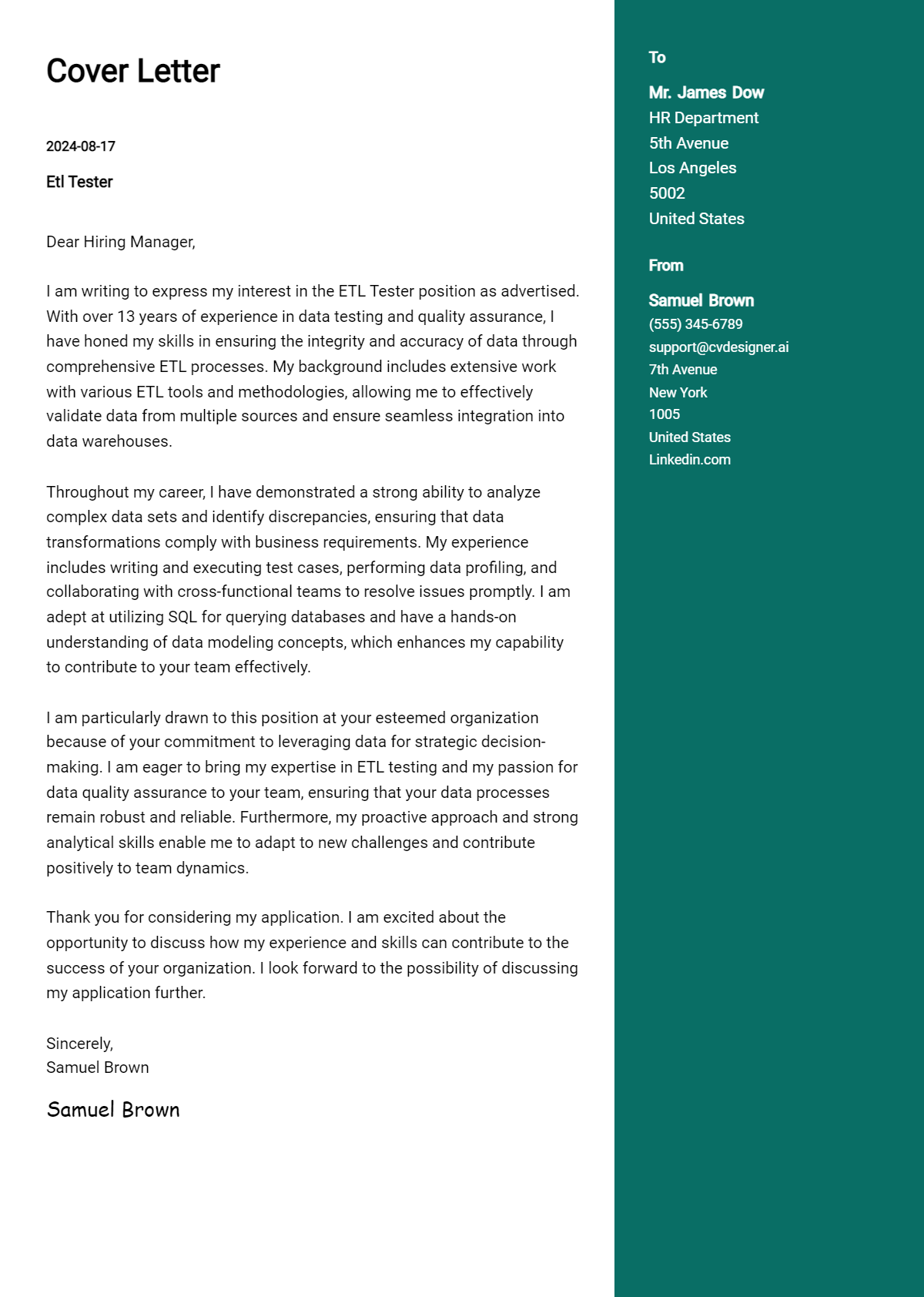 ETL Tester Cover Letter Examples & Samples for 2024 - CVDesigner.ai